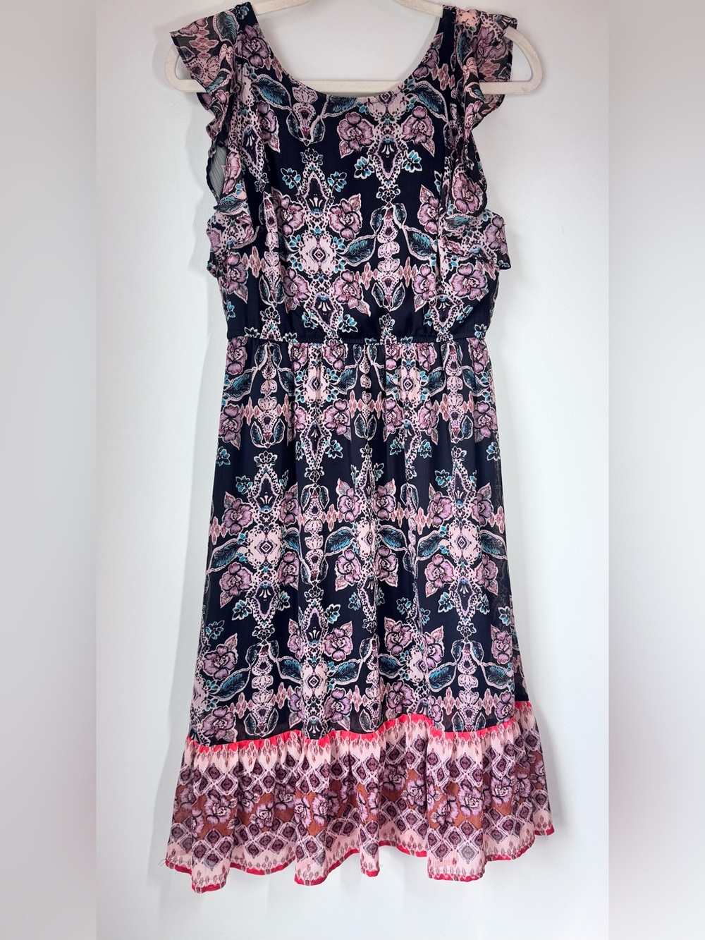 Xhilaration black Floral boho fall Midi Dress with Pink & Teal Accents